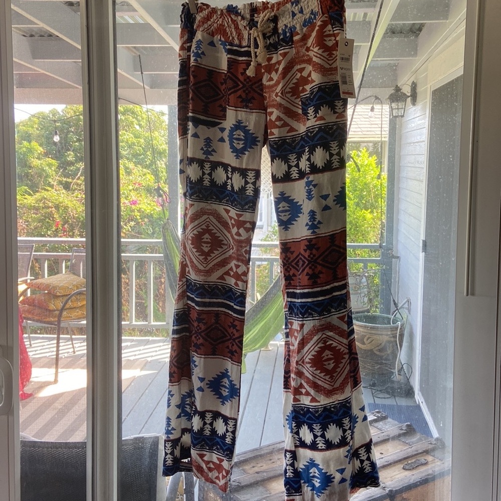 Aztec Oceanside Print ROXY loose PANTS ss LARGE 12-14 NEW with TAGS drawstring